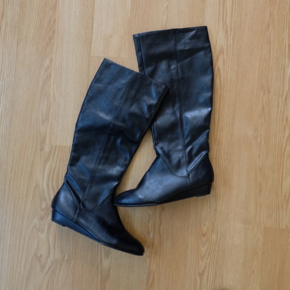 NWOT Black Faux Leather Knee High Boots - side zip